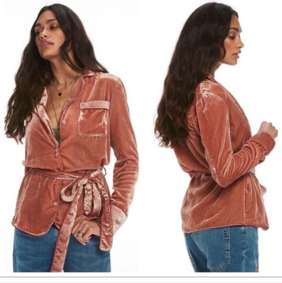 Scotch & Soda Soft Salmon Pink Velvet Belted Jacket Sleep Top Anthropolgie M - Picture 2 of 9